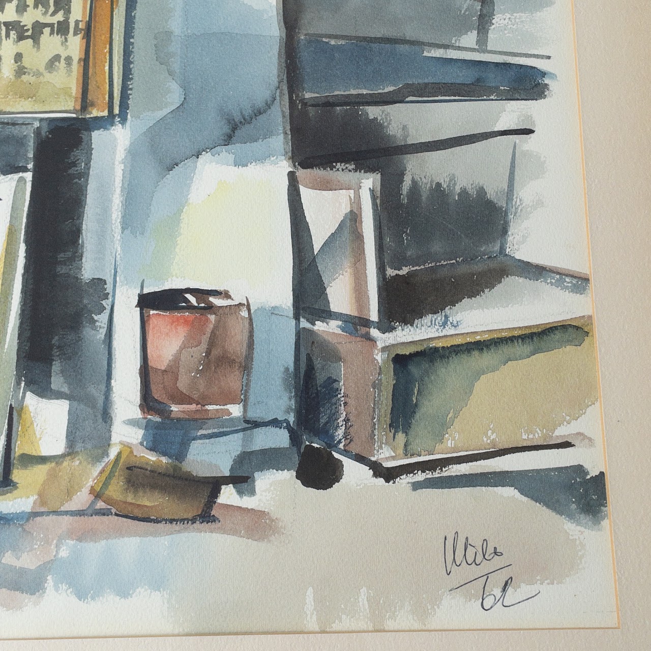 Mid-Century Industrial Signed Watercolor Painting