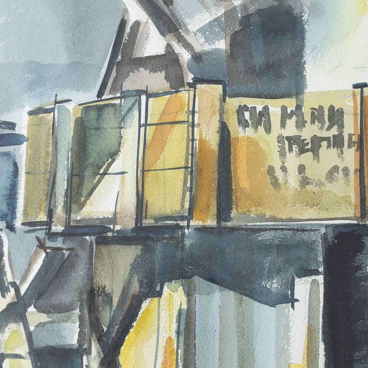 Mid-Century Industrial Signed Watercolor Painting