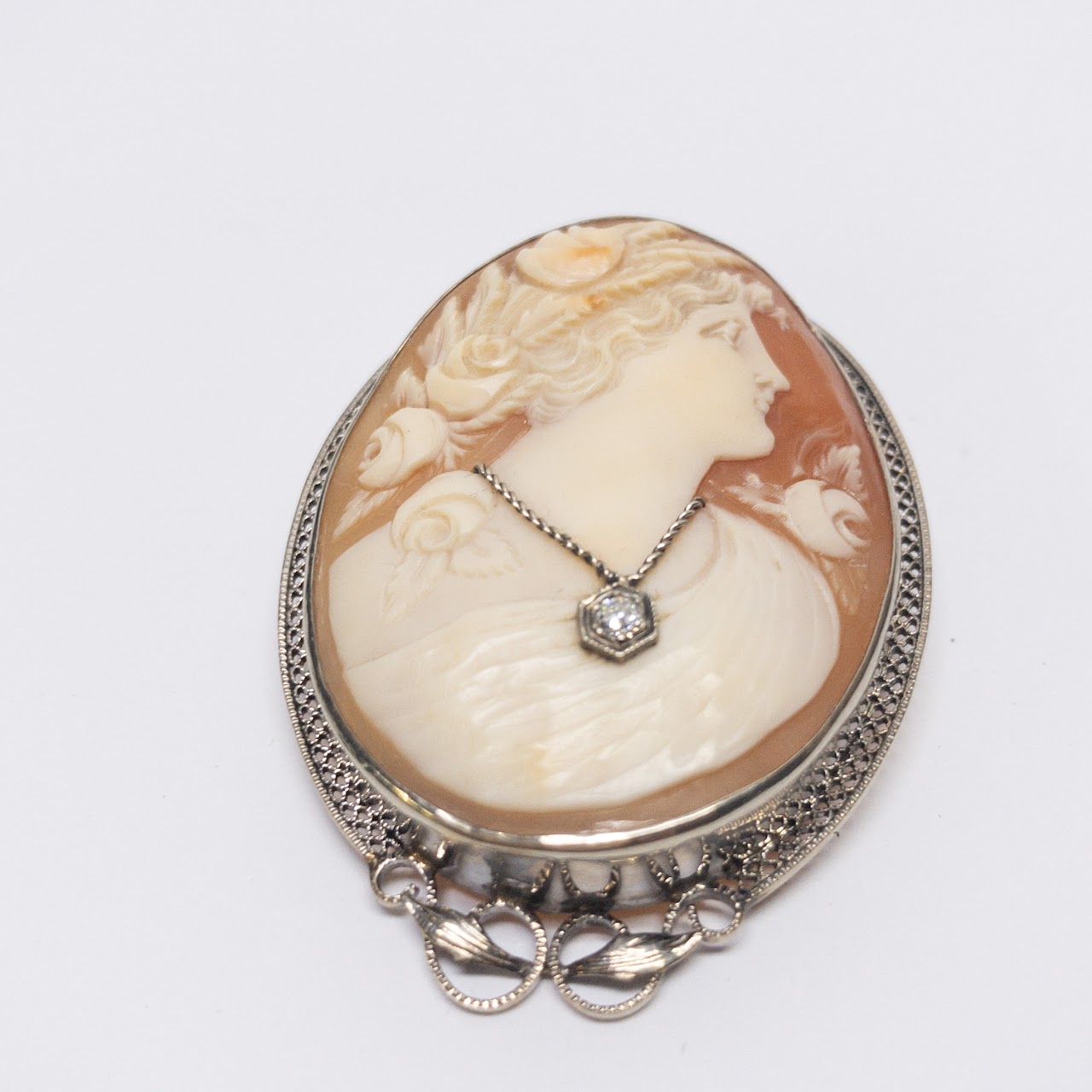 14K Gold & Diamond Cameo Convertible Brooch