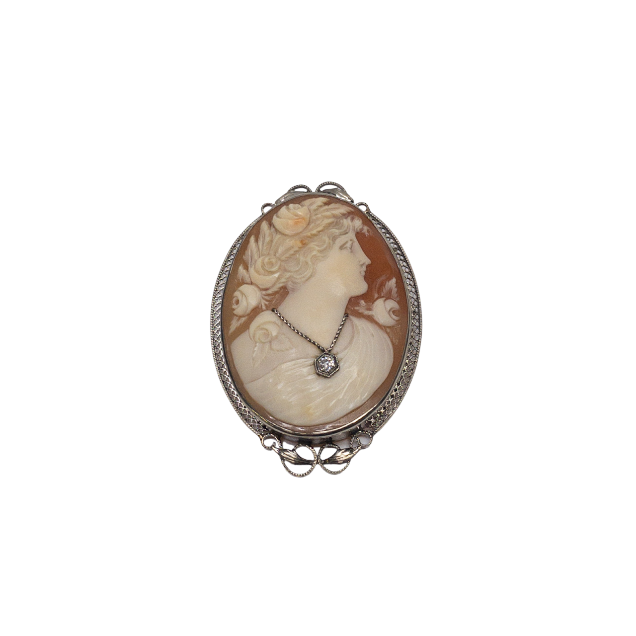 14K Gold & Diamond Cameo Convertible Brooch