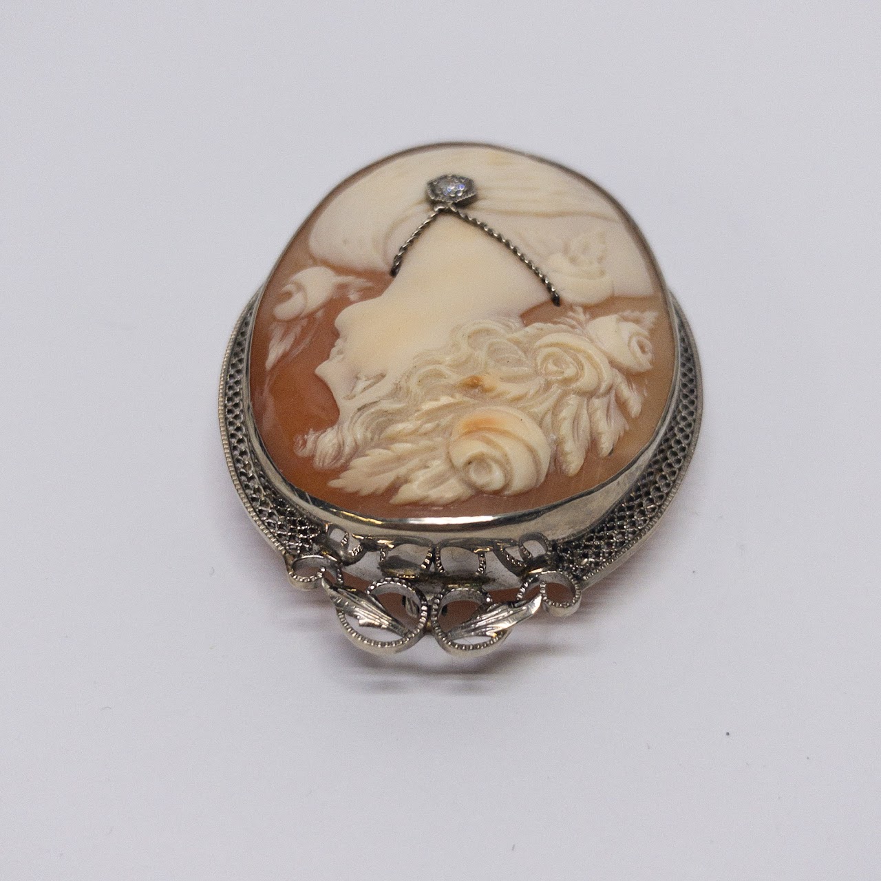 14K Gold & Diamond Cameo Convertible Brooch