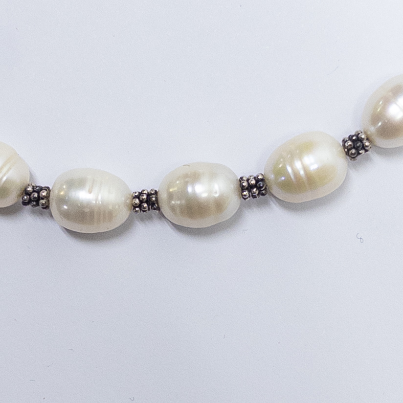 Sterling Silver and Ringed Baroque Freshwater Silver Pearl Necklace