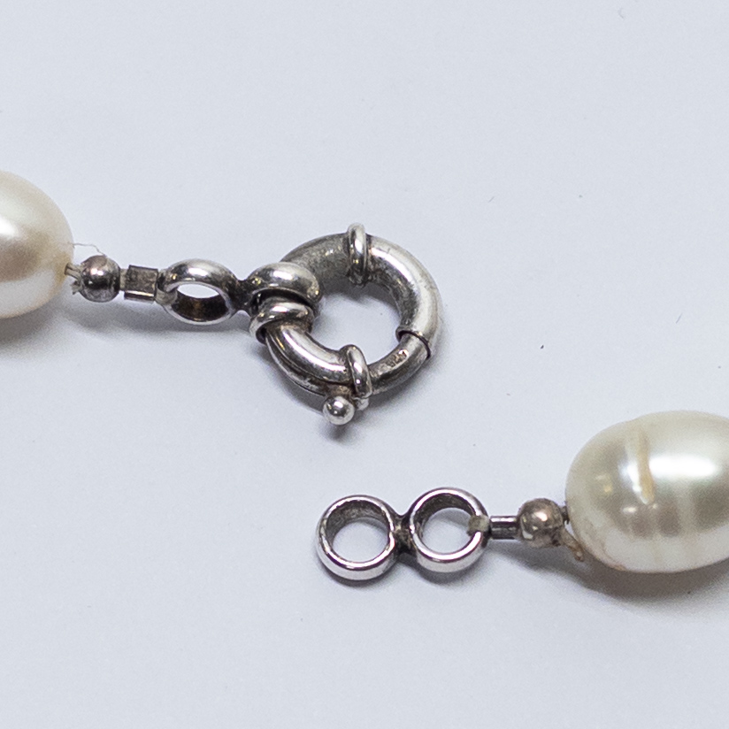 Sterling Silver and Ringed Baroque Freshwater Silver Pearl Necklace