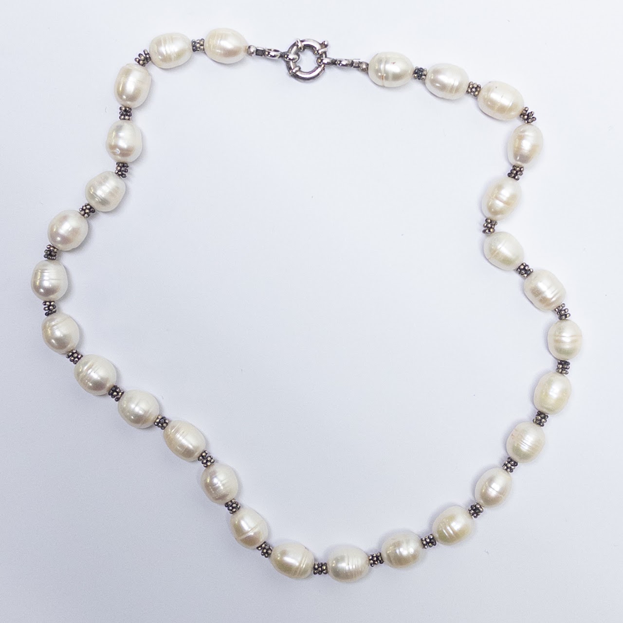 Sterling Silver and Ringed Baroque Freshwater Silver Pearl Necklace