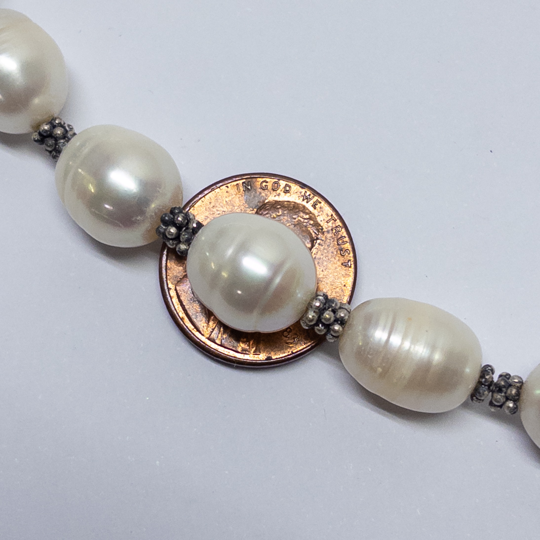 Sterling Silver and Ringed Baroque Freshwater Silver Pearl Necklace