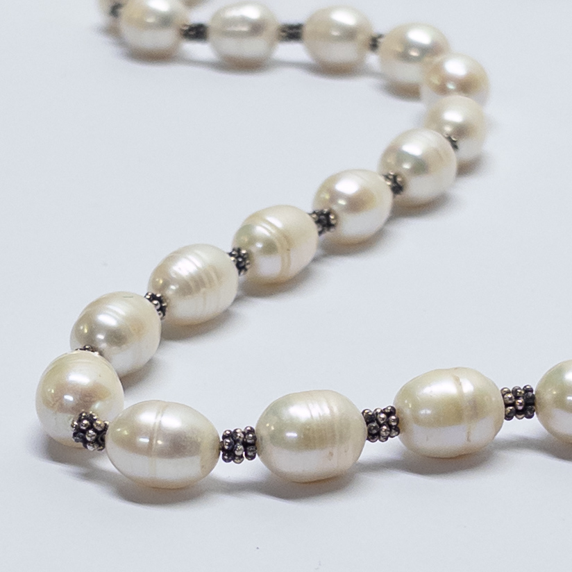 Sterling Silver and Ringed Baroque Freshwater Silver Pearl Necklace