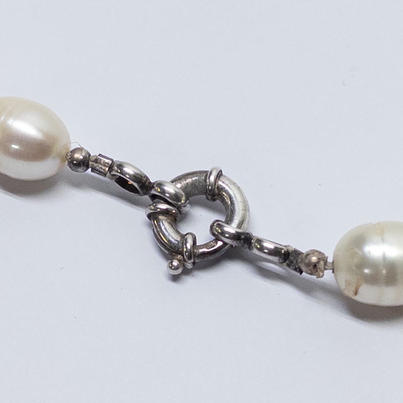 Sterling Silver and Ringed Baroque Freshwater Silver Pearl Necklace