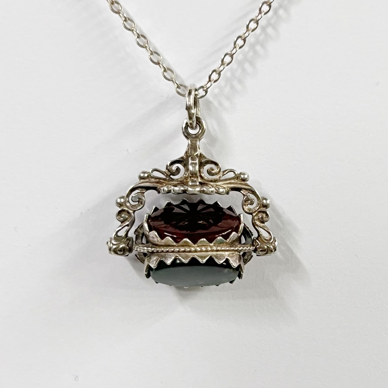 Victorian Sterling Silver, Bloodstone, Carnelian and Onyx Spinning Watch Fob Necklace