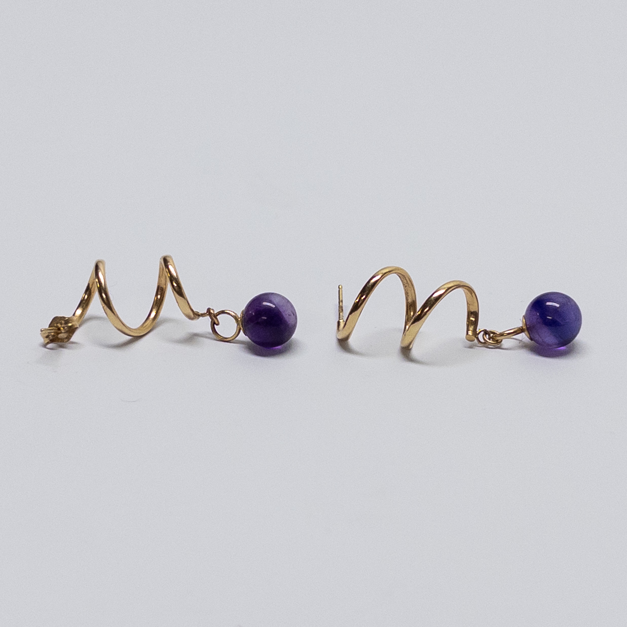 14K Gold and Amethyst Spiral Drop Earrings