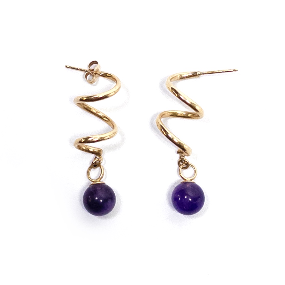 14K Gold and Amethyst Spiral Drop Earrings