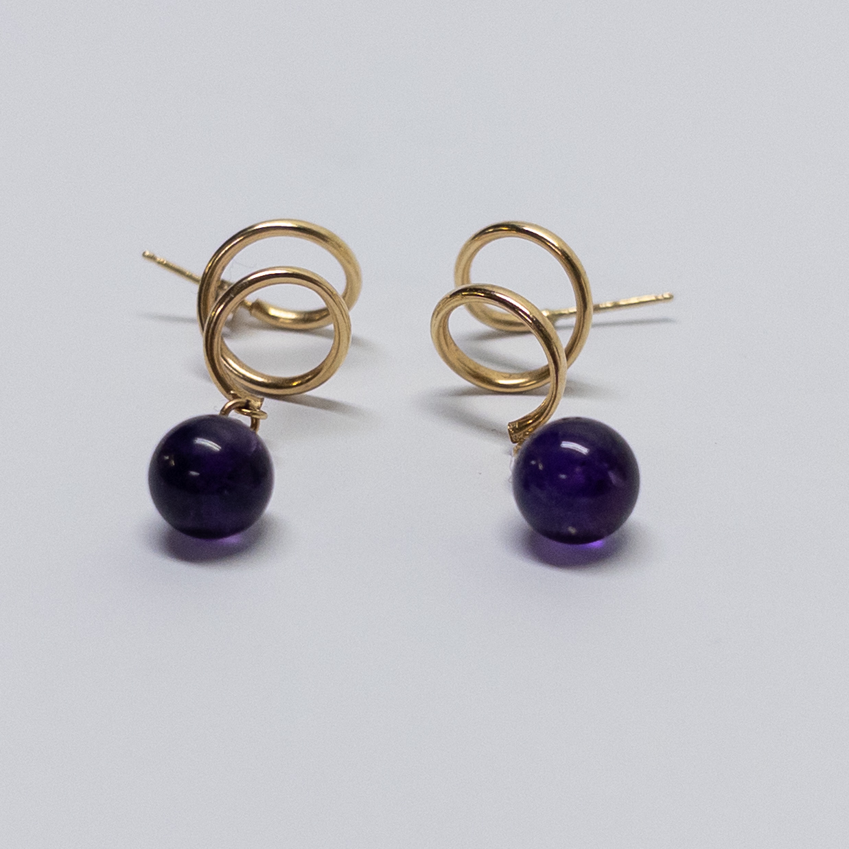 14K Gold and Amethyst Spiral Drop Earrings