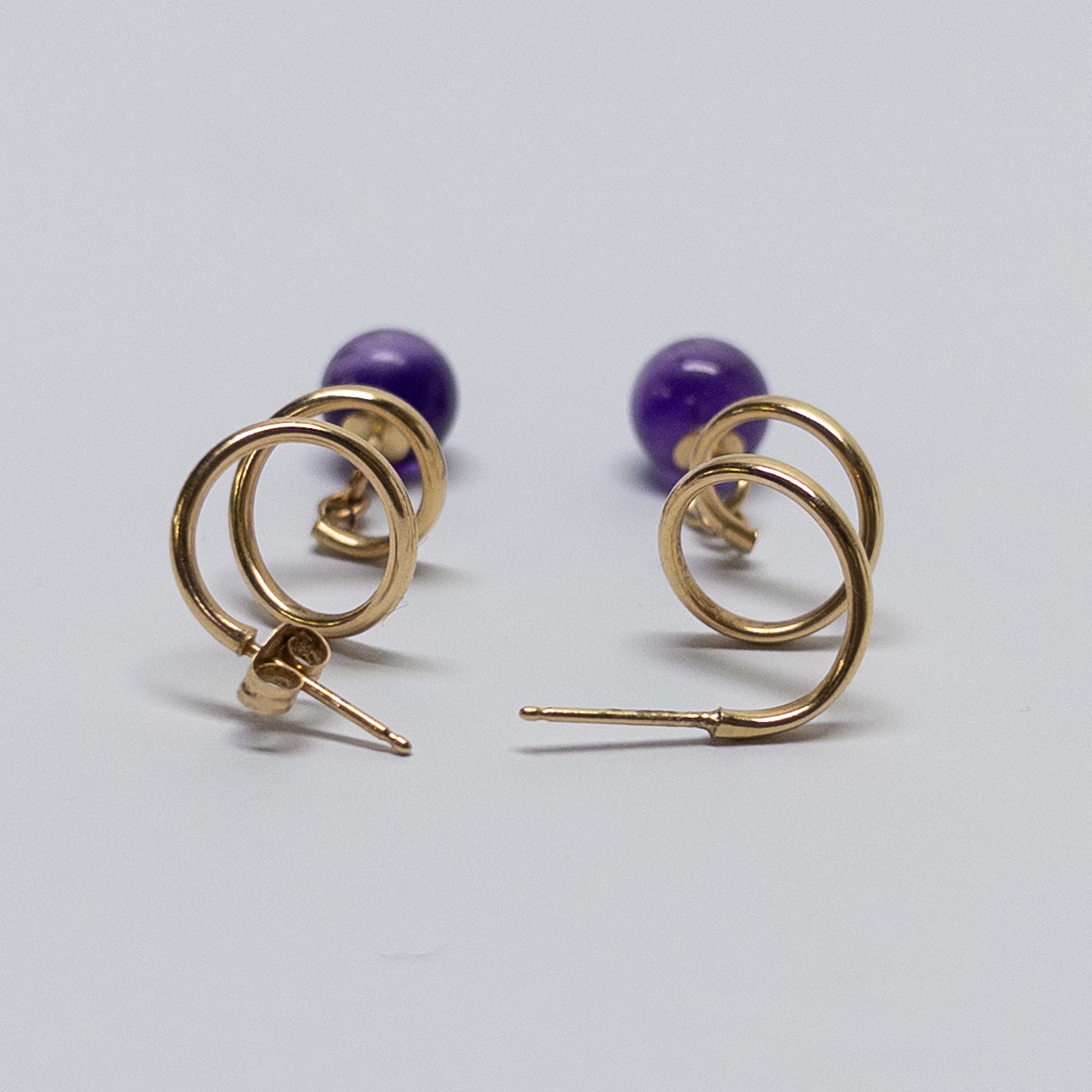 14K Gold and Amethyst Spiral Drop Earrings