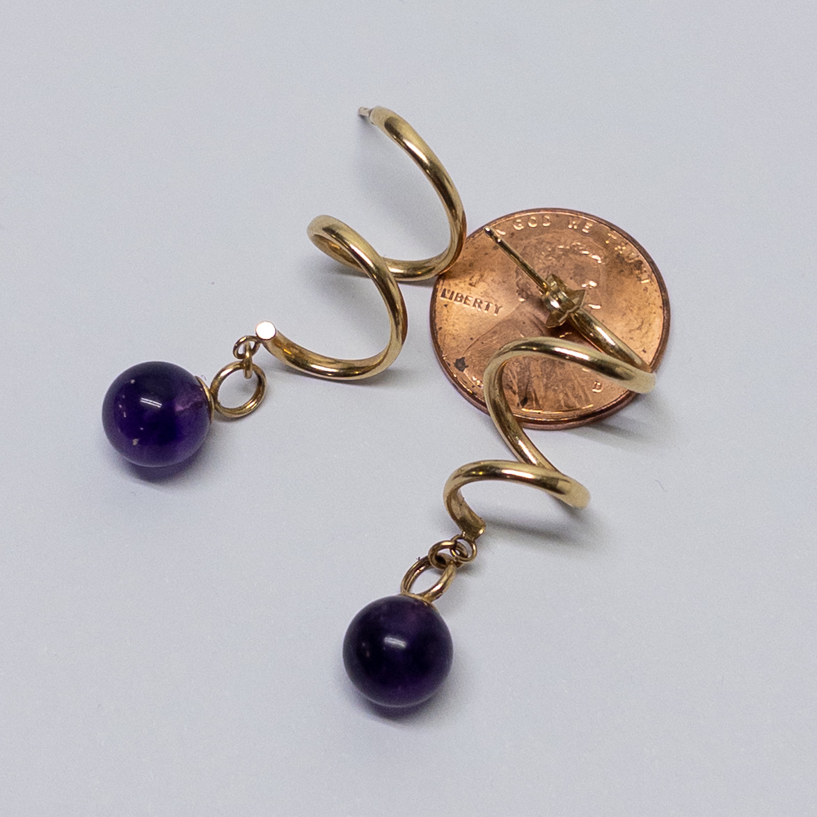 14K Gold and Amethyst Spiral Drop Earrings