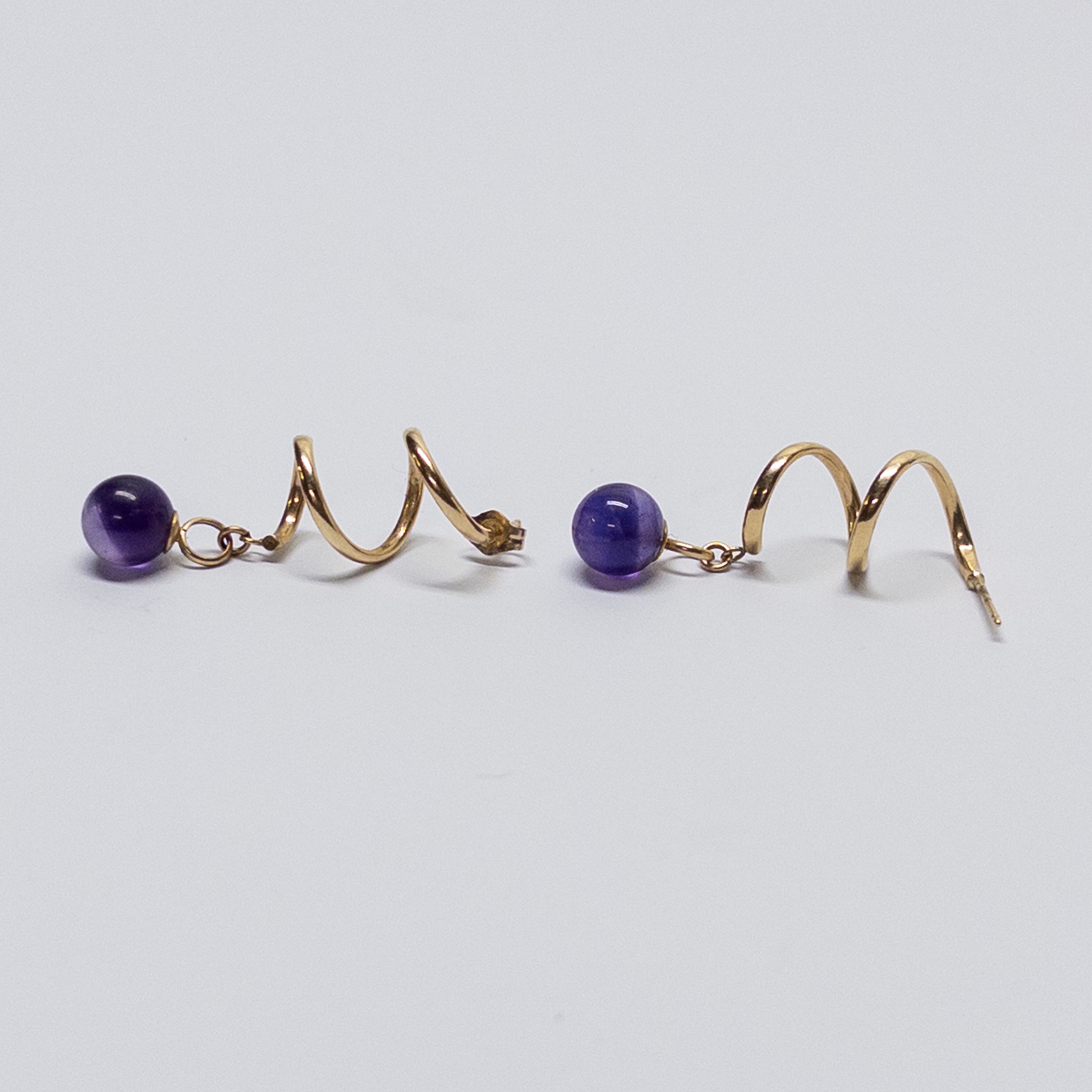 14K Gold and Amethyst Spiral Drop Earrings