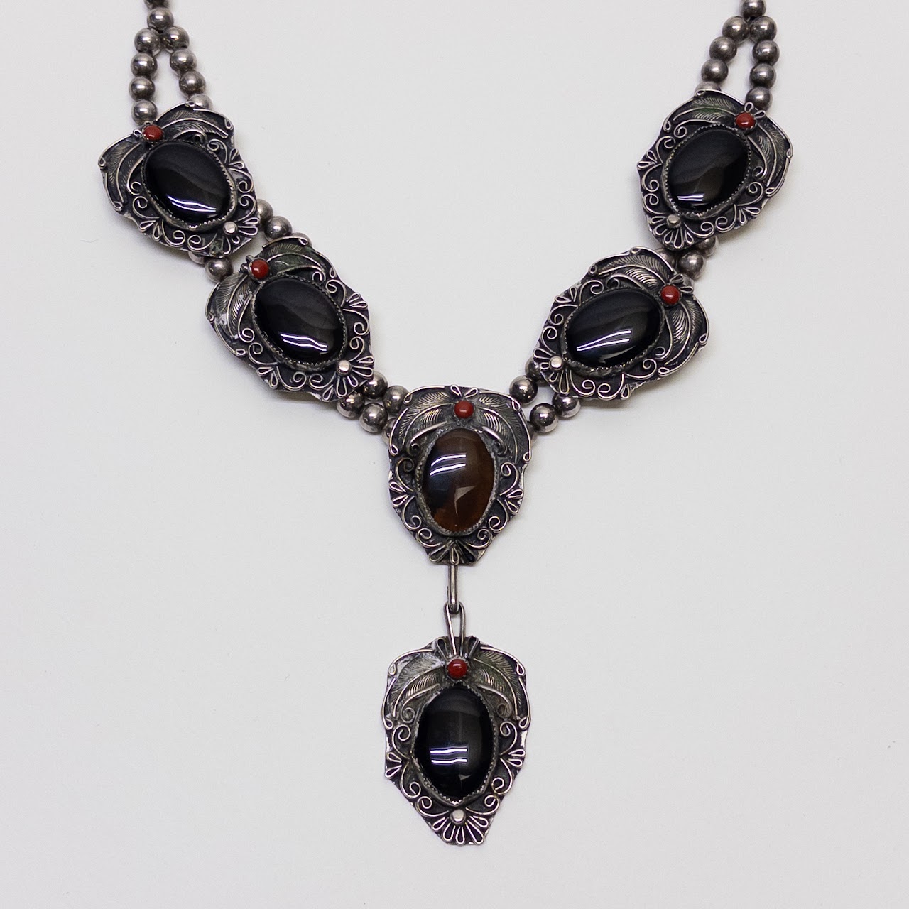 Silver, Agate & Coral Statement Necklace