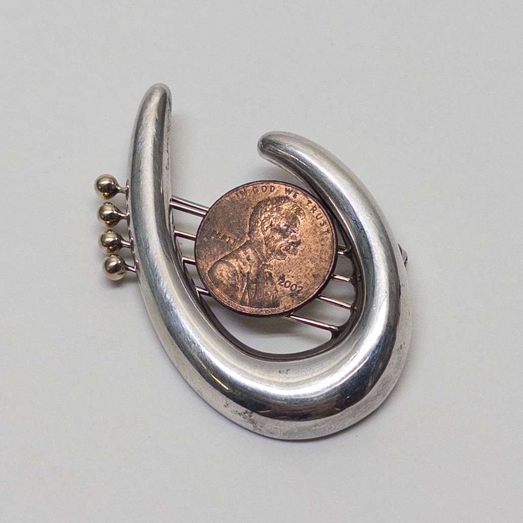 Sterling Silver & 14K Gold Lyre Brooch