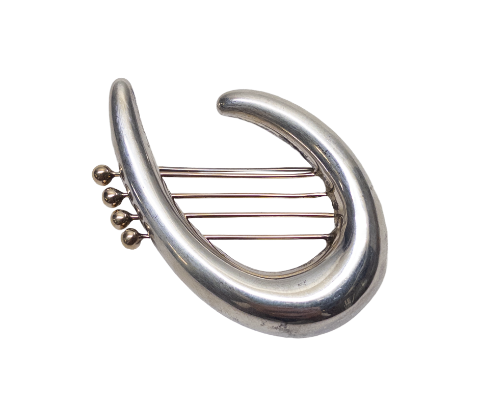 Sterling Silver & 14K Gold Lyre Brooch