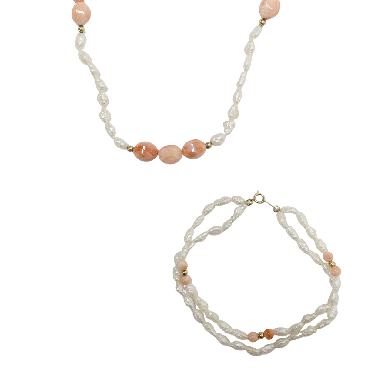 Seed Pearl, Coral & 14K Gold Bracelet & Necklace Duo