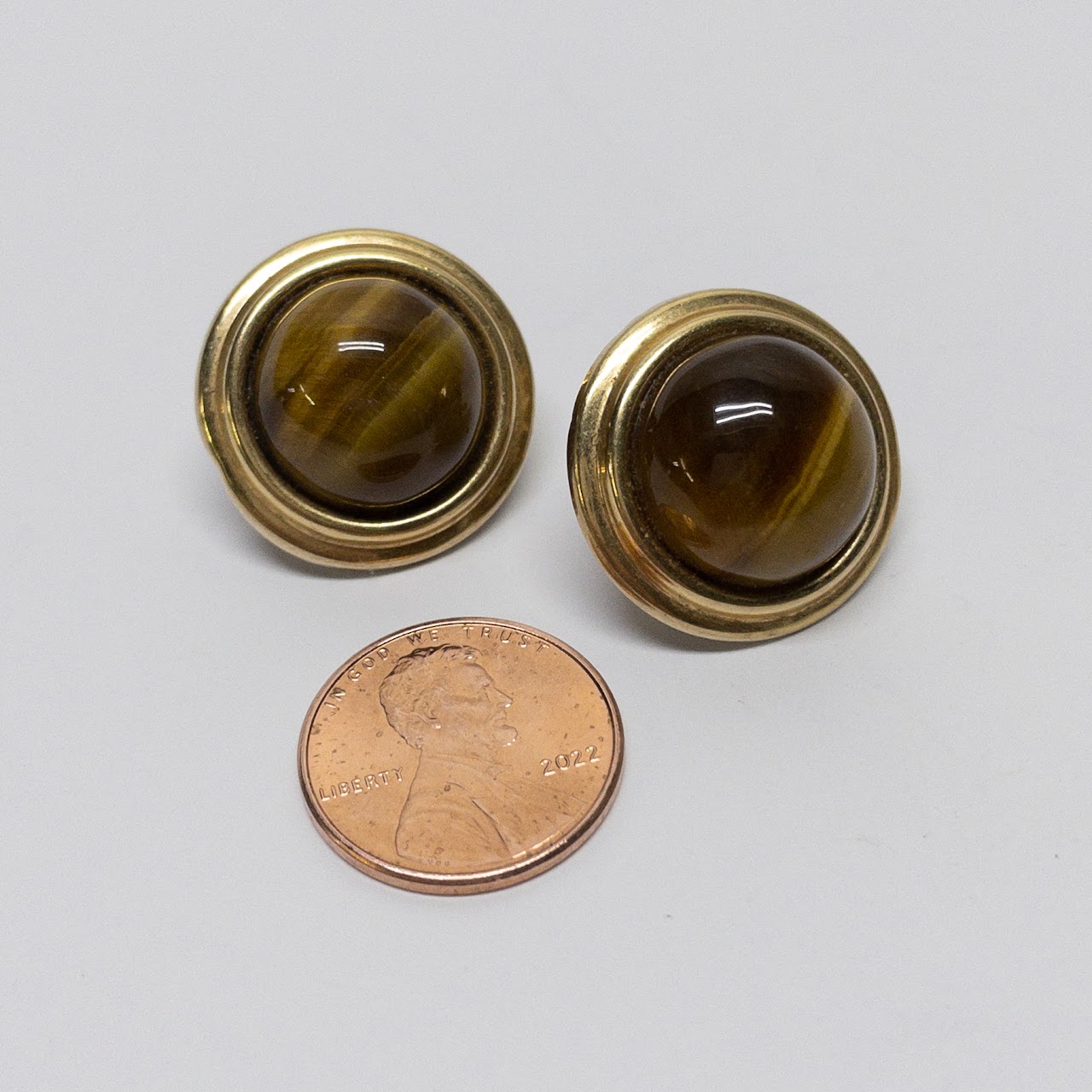 14K Gold & Tiger Eye Cabochon Earrings