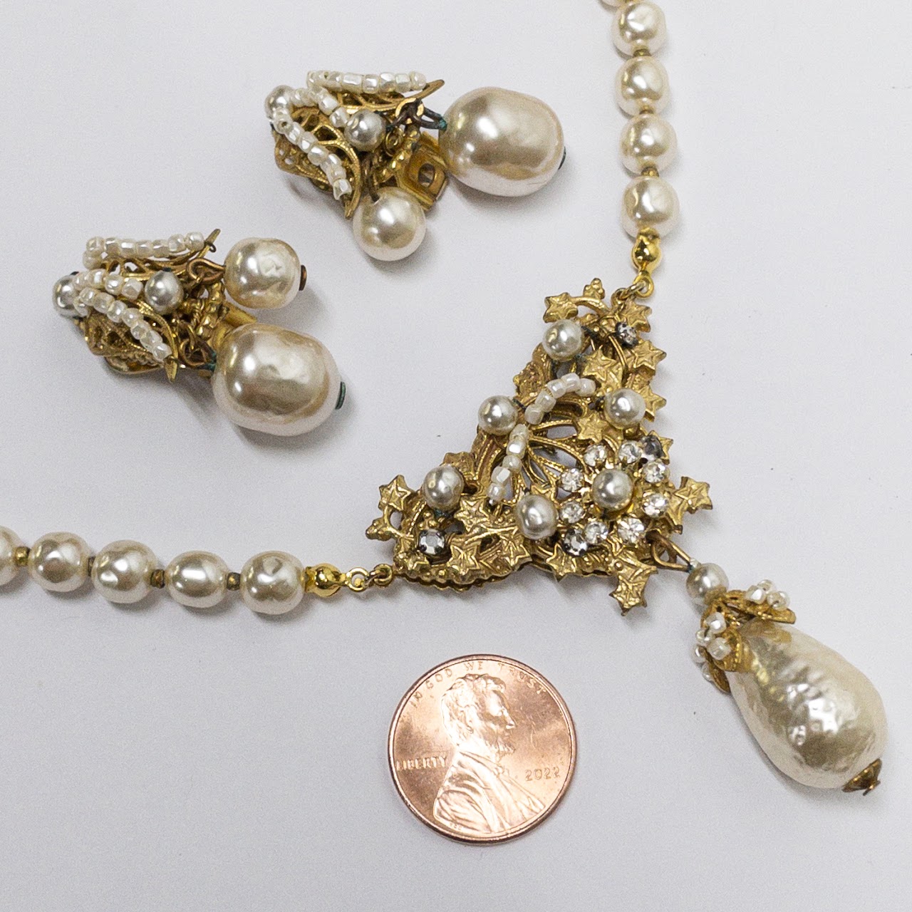 Miriam Haskell Vintage Faux Pearl Necklace & Clip On Earring Set