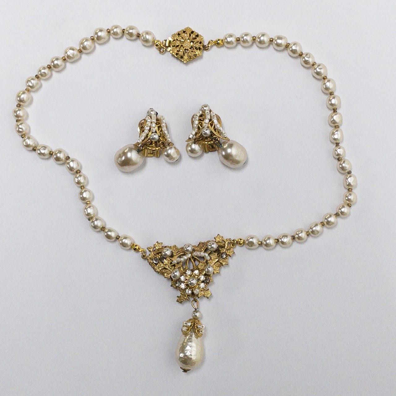 Miriam Haskell Vintage Faux Pearl Necklace & Clip On Earring Set