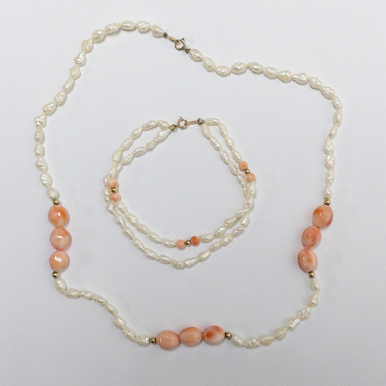 Seed Pearl, Coral & 14K Gold Bracelet & Necklace Duo