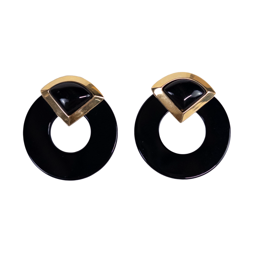 10K Gold and Black Glass 80's Deco Earrings