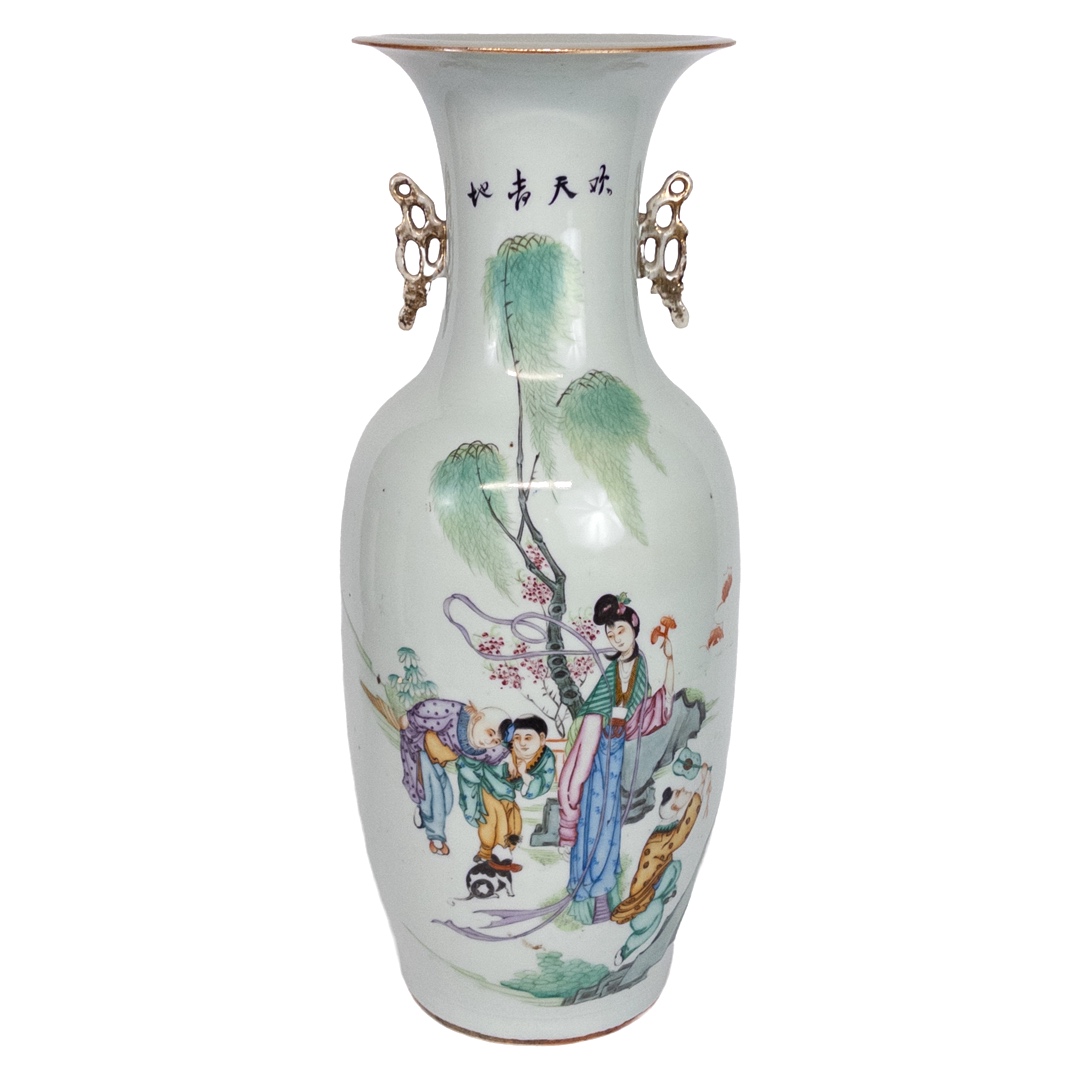 Chinese Famille Verte Hand-Painted Stoneware Large Vase