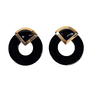 10K Gold and Black Glass 80's Deco Earrings