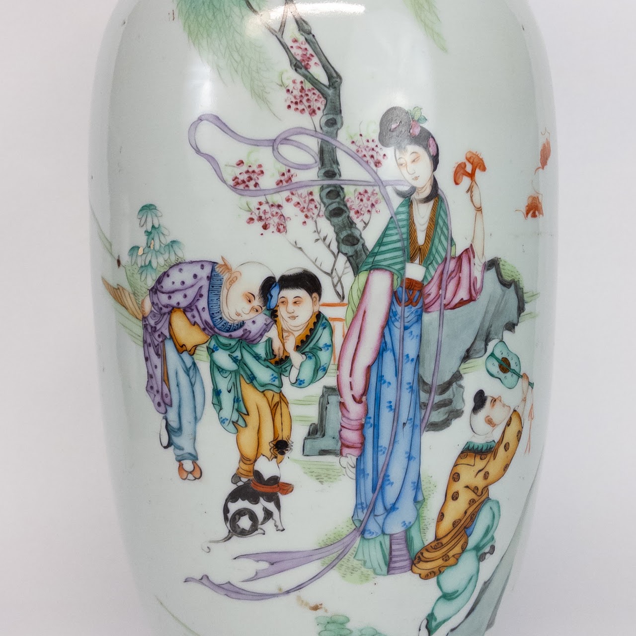 Chinese Famille Verte Hand-Painted Stoneware Large Vase