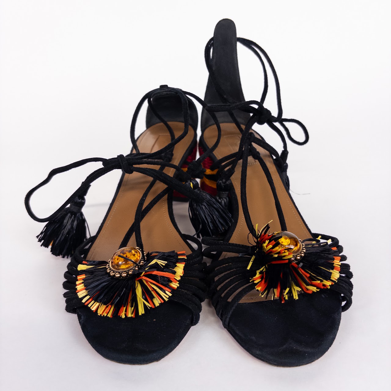 Aquazzura Embroidered Heel Raffia Tasseled Sandals