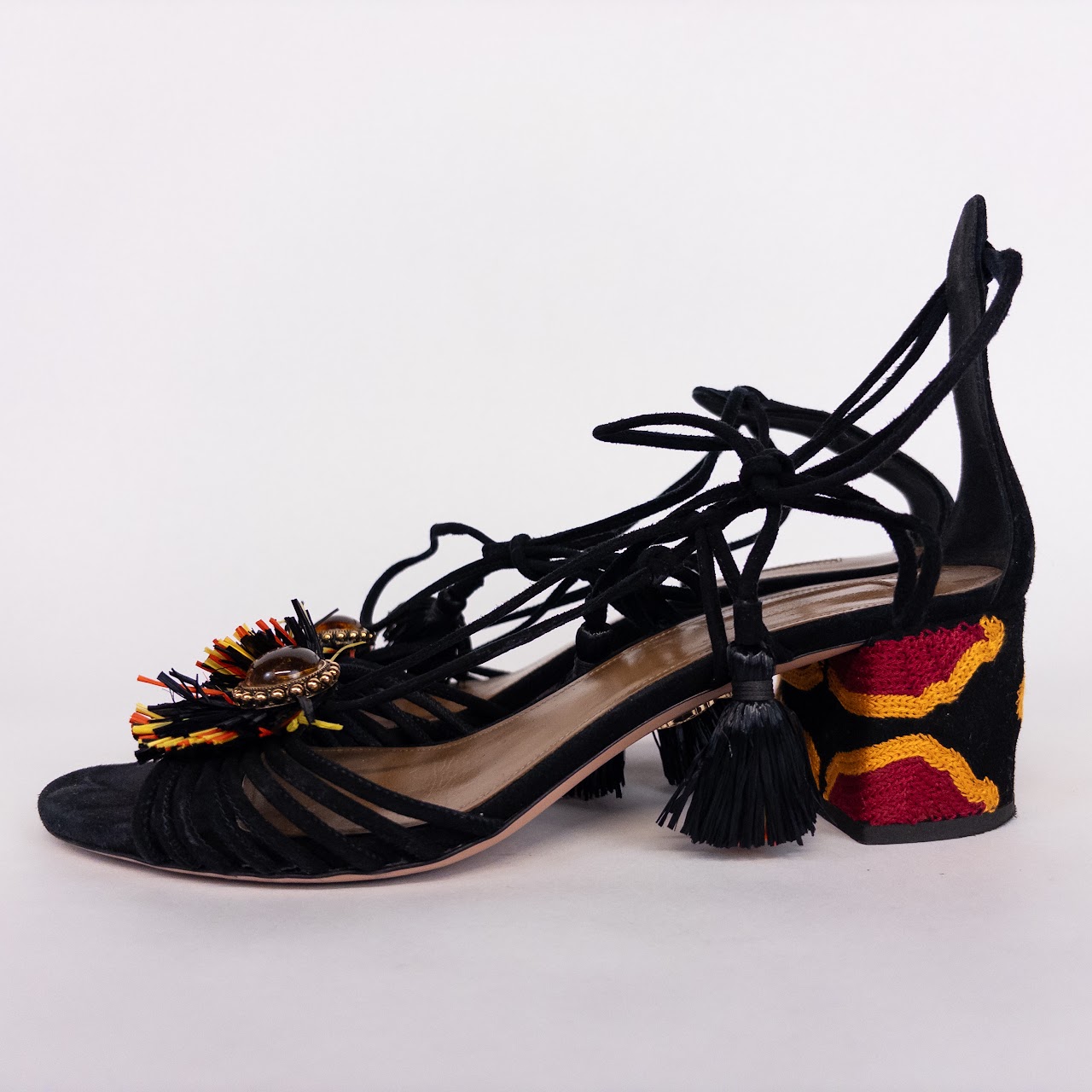 Aquazzura Embroidered Heel Raffia Tasseled Sandals