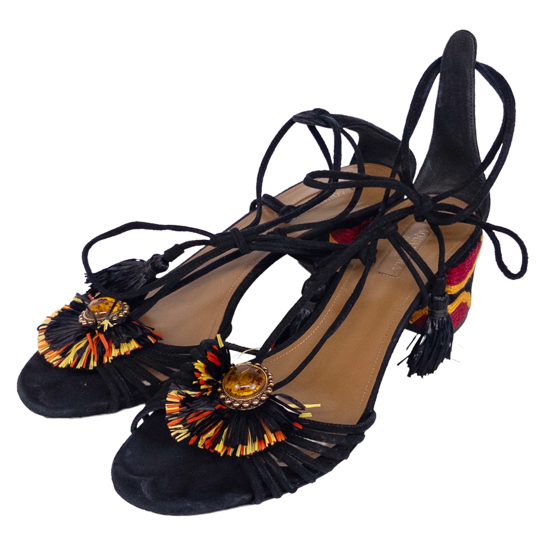 Aquazzura Embroidered Heel Raffia Tasseled Sandals