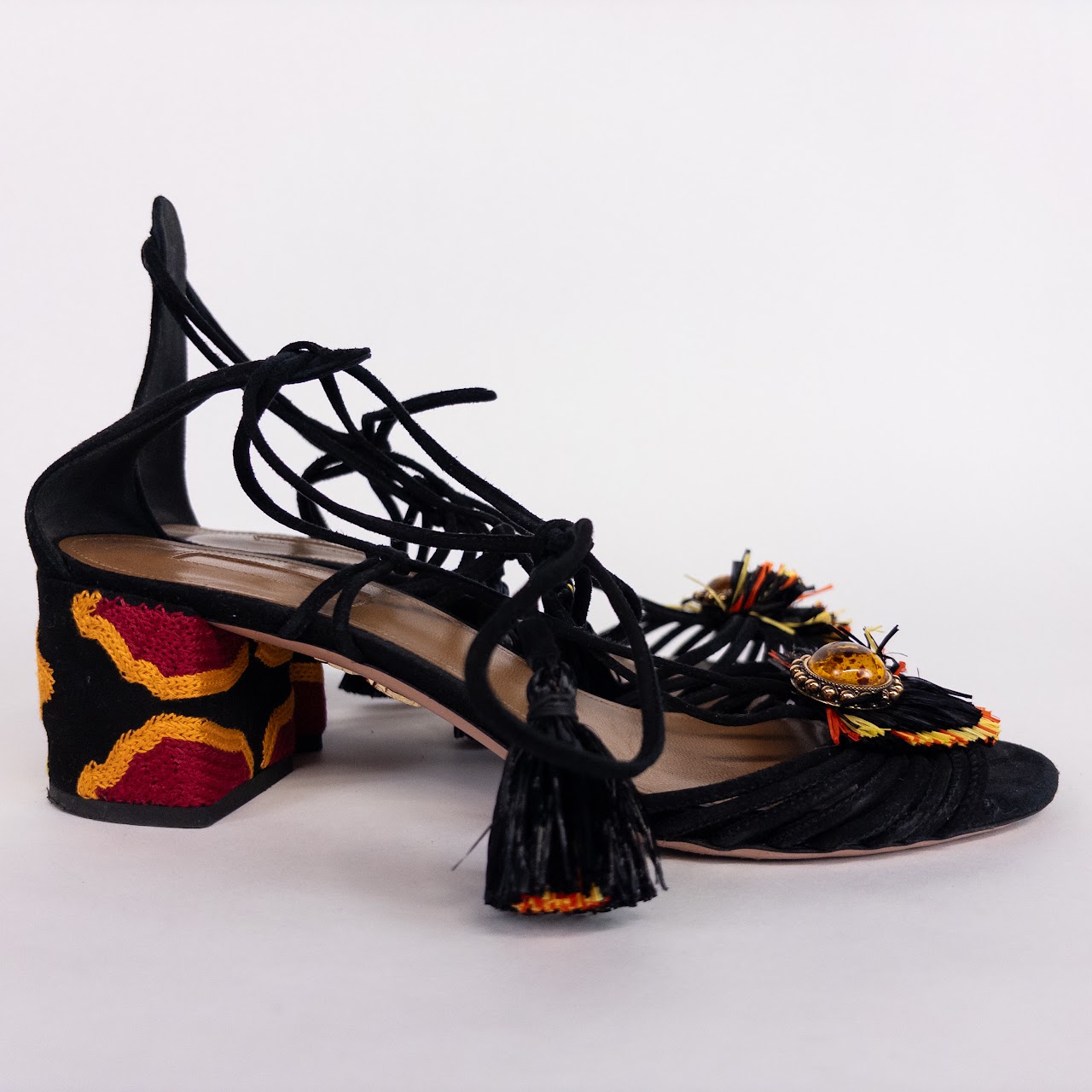 Aquazzura Embroidered Heel Raffia Tasseled Sandals