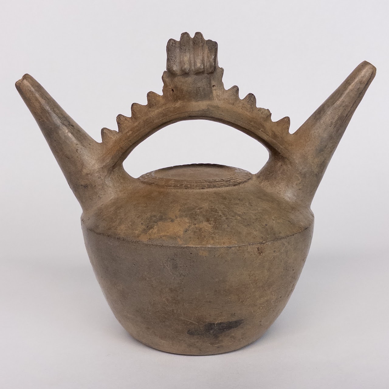 Pre-Columbian Style Blackware Handled Double Spout Vessel