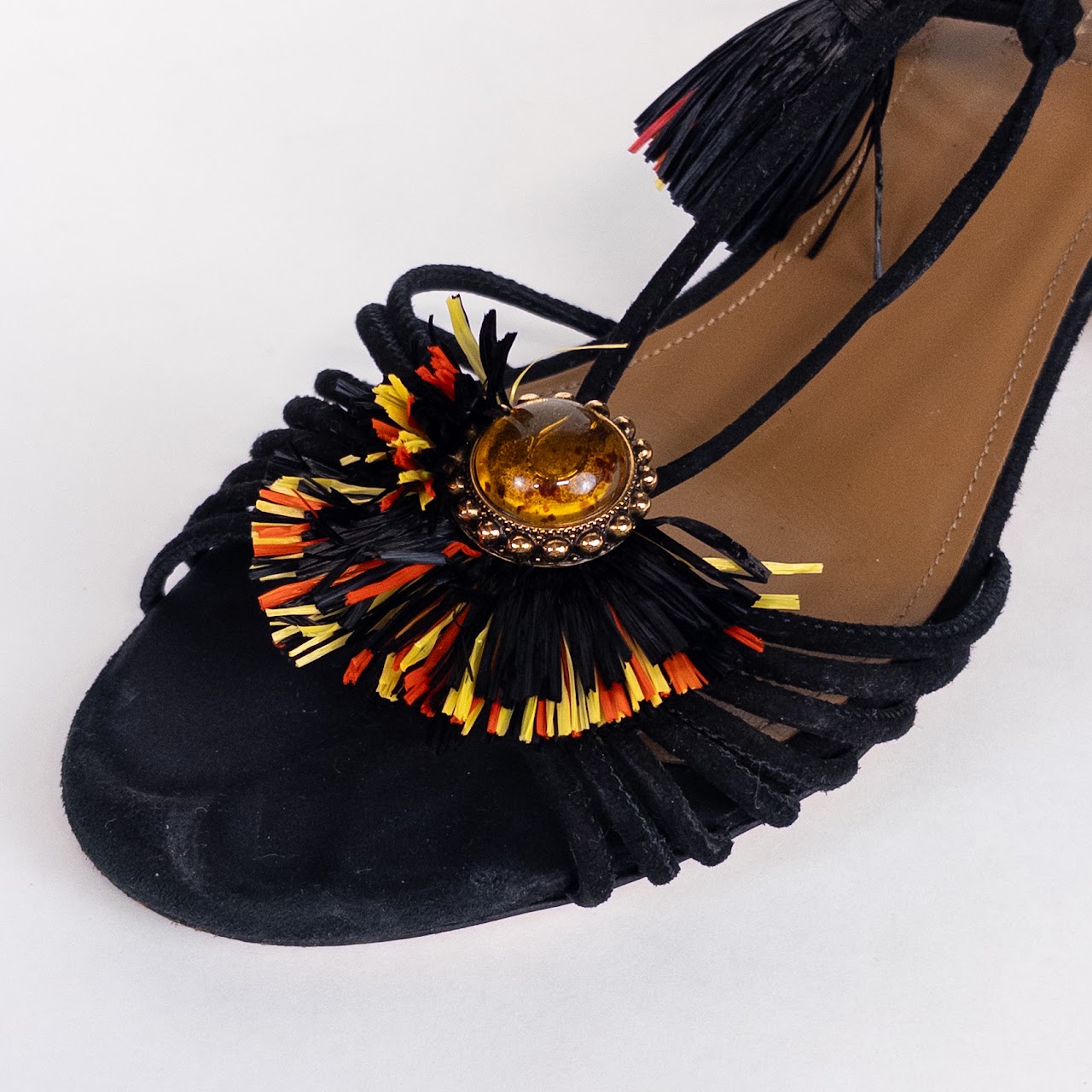 Aquazzura Embroidered Heel Raffia Tasseled Sandals