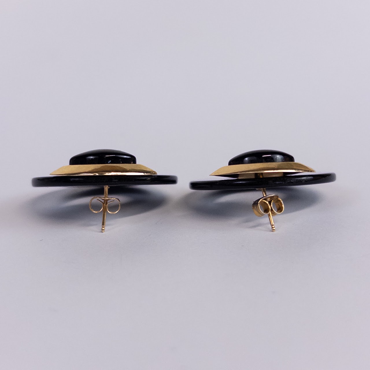 10K Gold and Black Glass 80's Deco Earrings