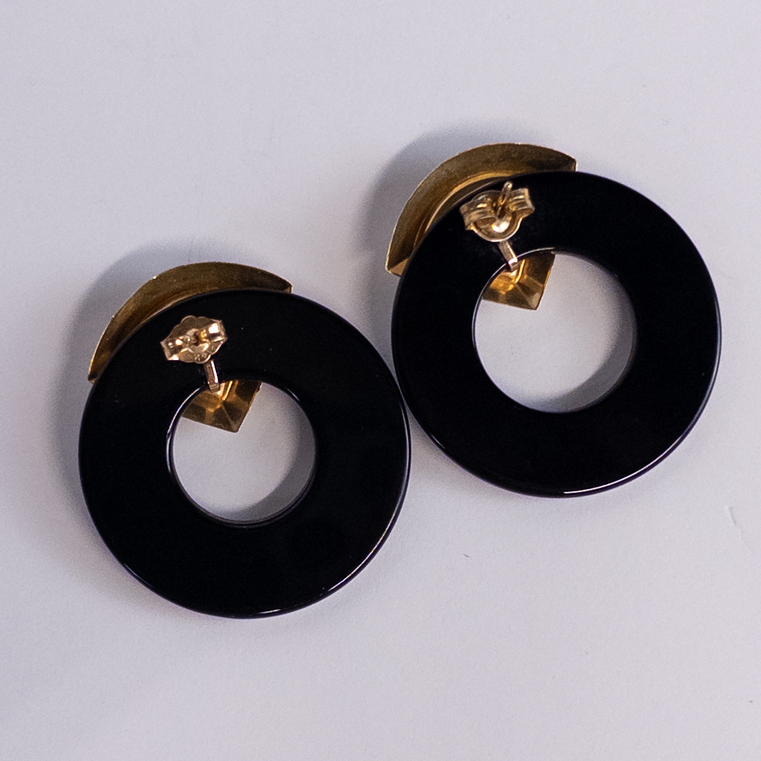 10K Gold and Black Glass 80's Deco Earrings