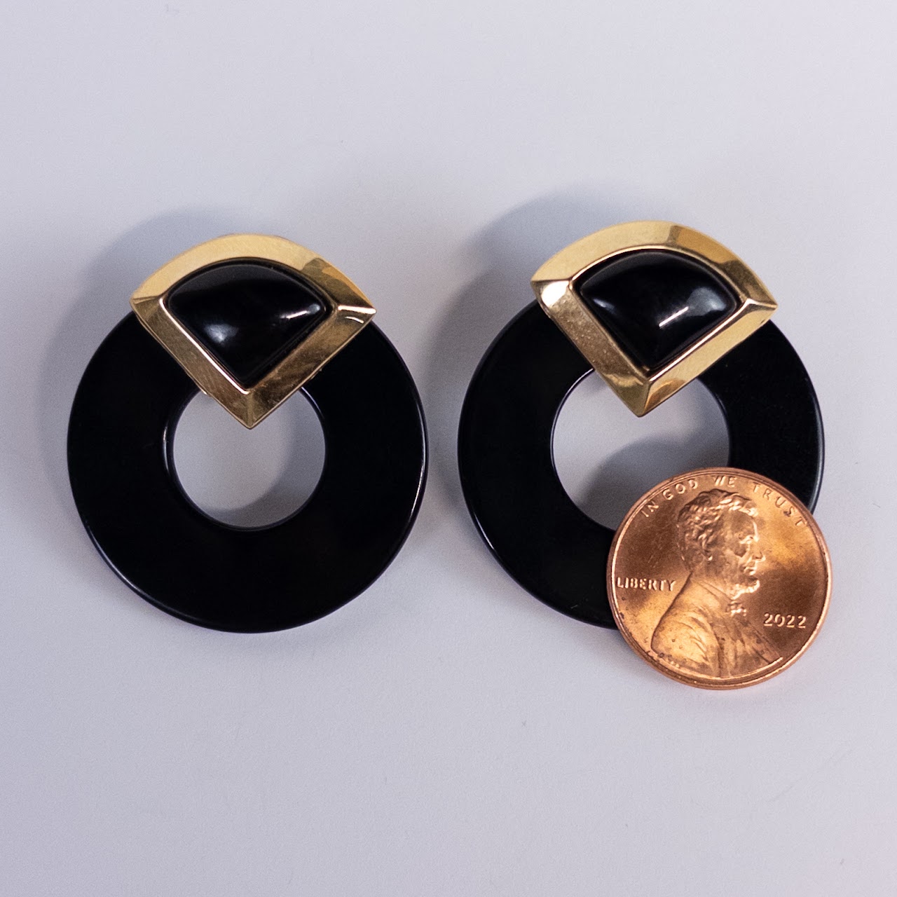 10K Gold and Black Glass 80's Deco Earrings