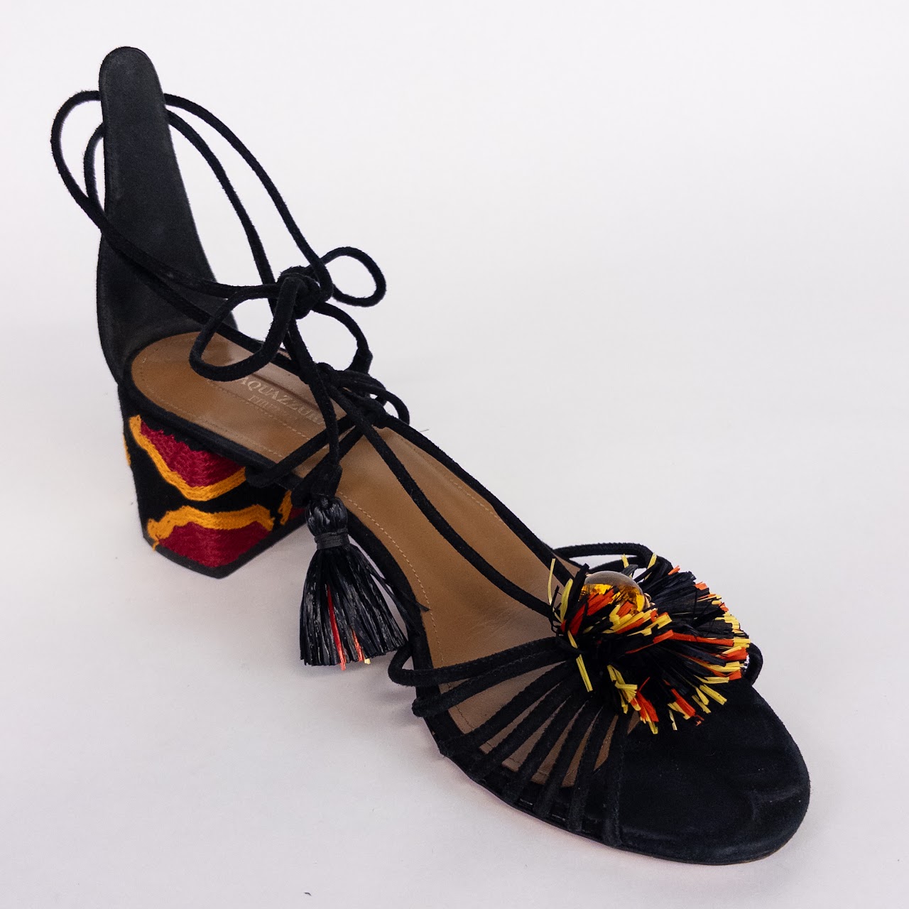 Aquazzura Embroidered Heel Raffia Tasseled Sandals