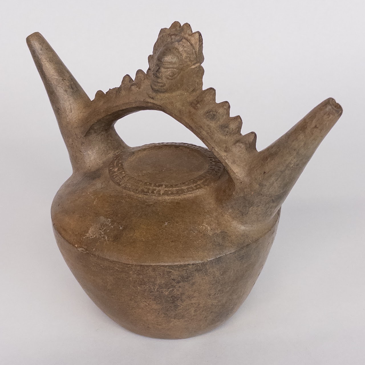 Pre-Columbian Style Blackware Handled Double Spout Vessel