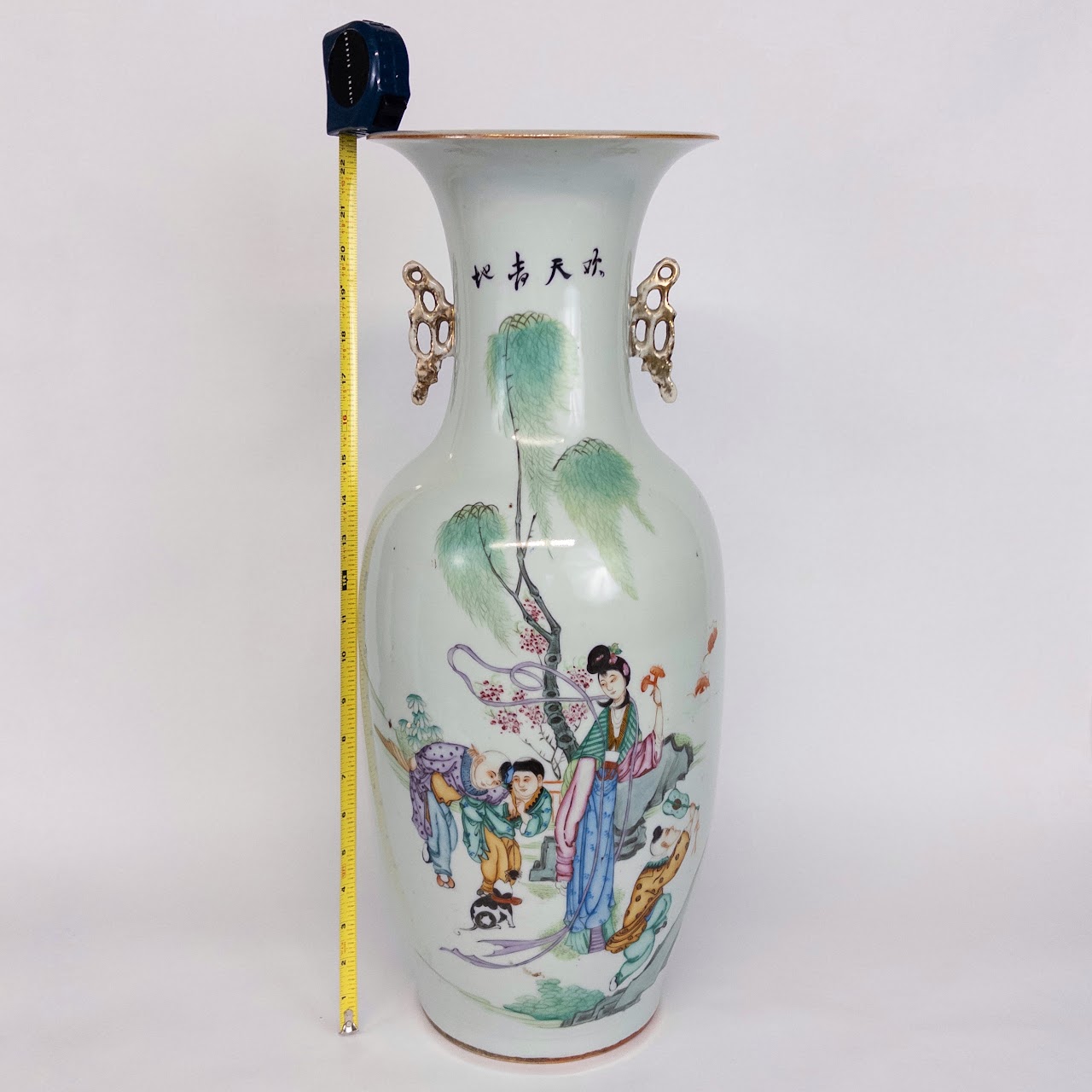 Chinese Famille Verte Hand-Painted Stoneware Large Vase