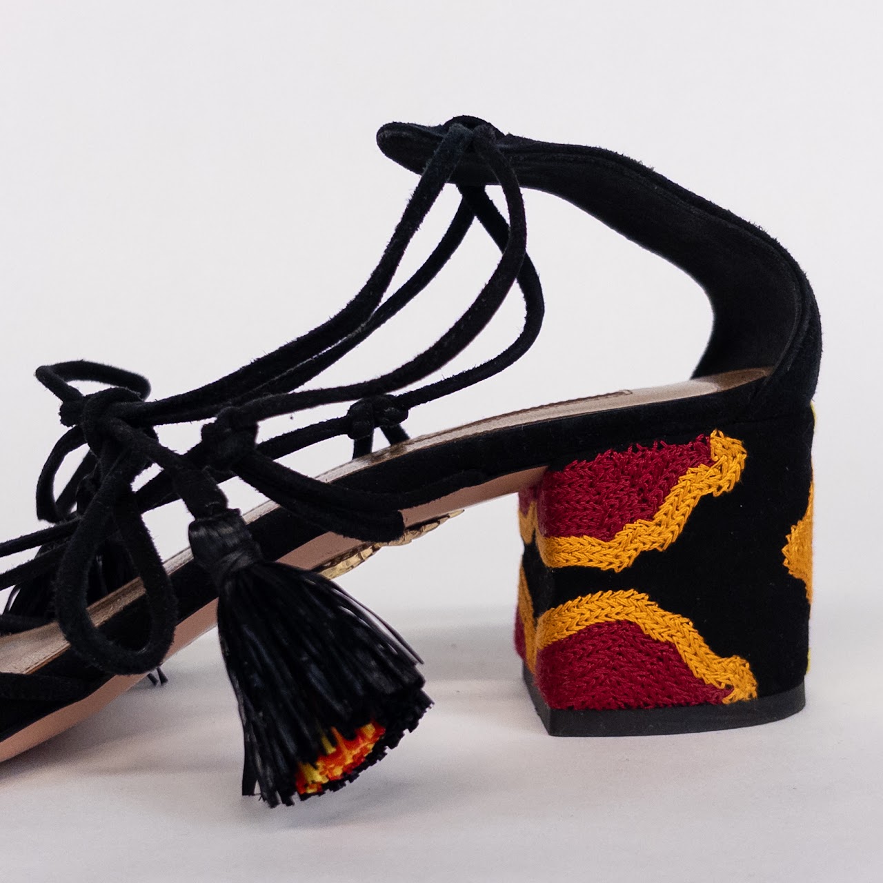 Aquazzura Embroidered Heel Raffia Tasseled Sandals