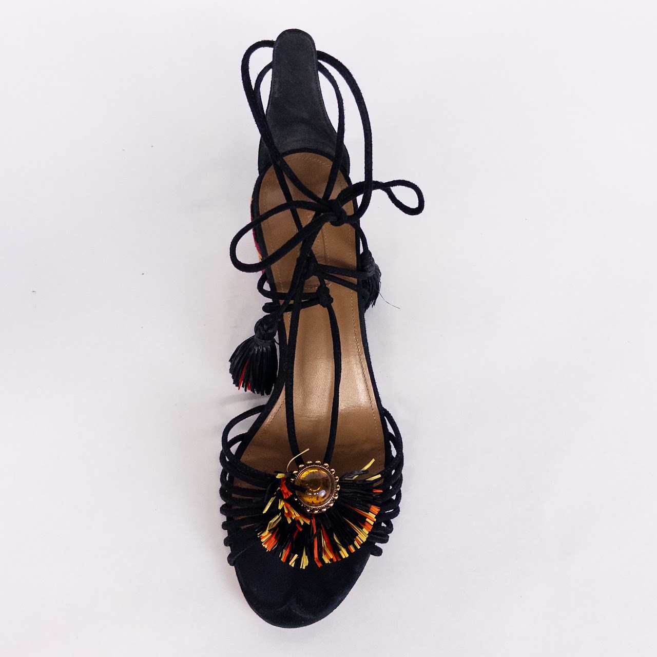 Aquazzura Embroidered Heel Raffia Tasseled Sandals