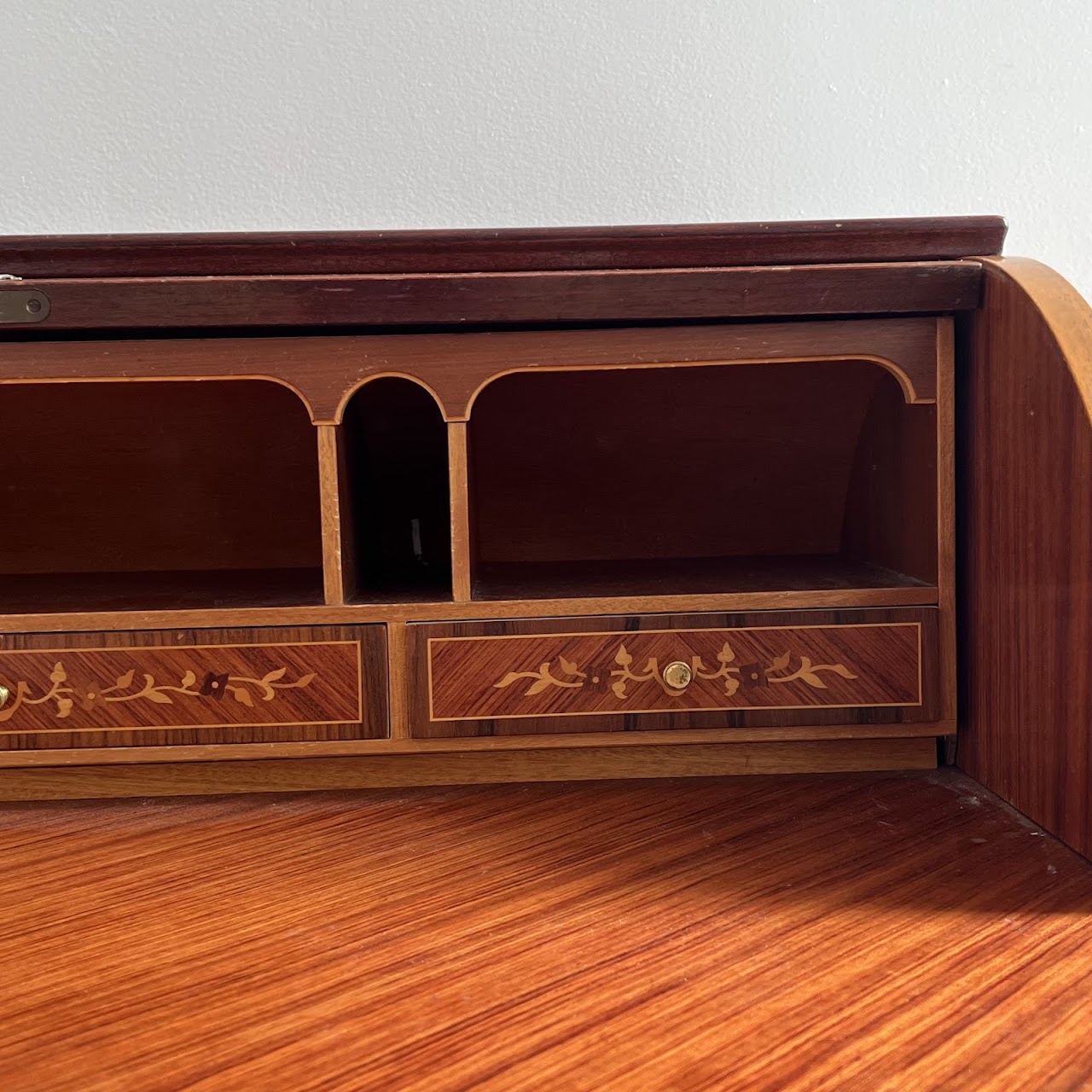 Italianate Marquetry Inlaid Roll-Top Secretaire Desk