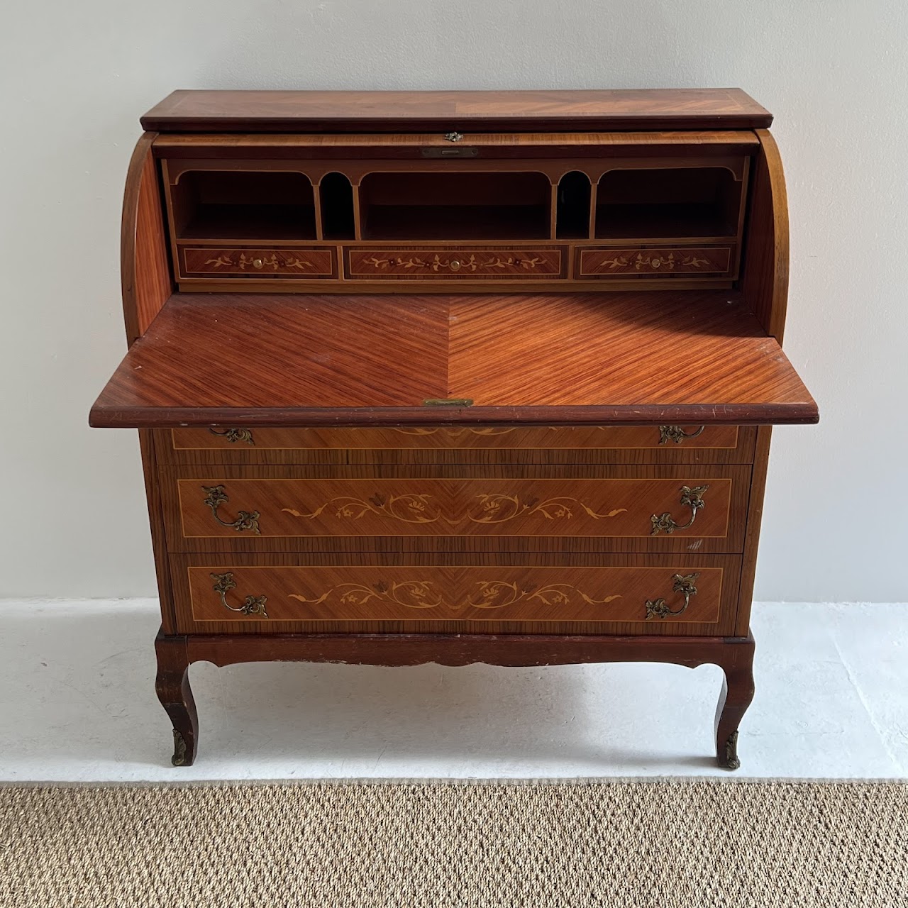 Italianate Marquetry Inlaid Roll-Top Secretaire Desk