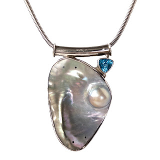 Sterling Silver, Mother of Pearl and Blue Gemstone Statement Pendant Necklace