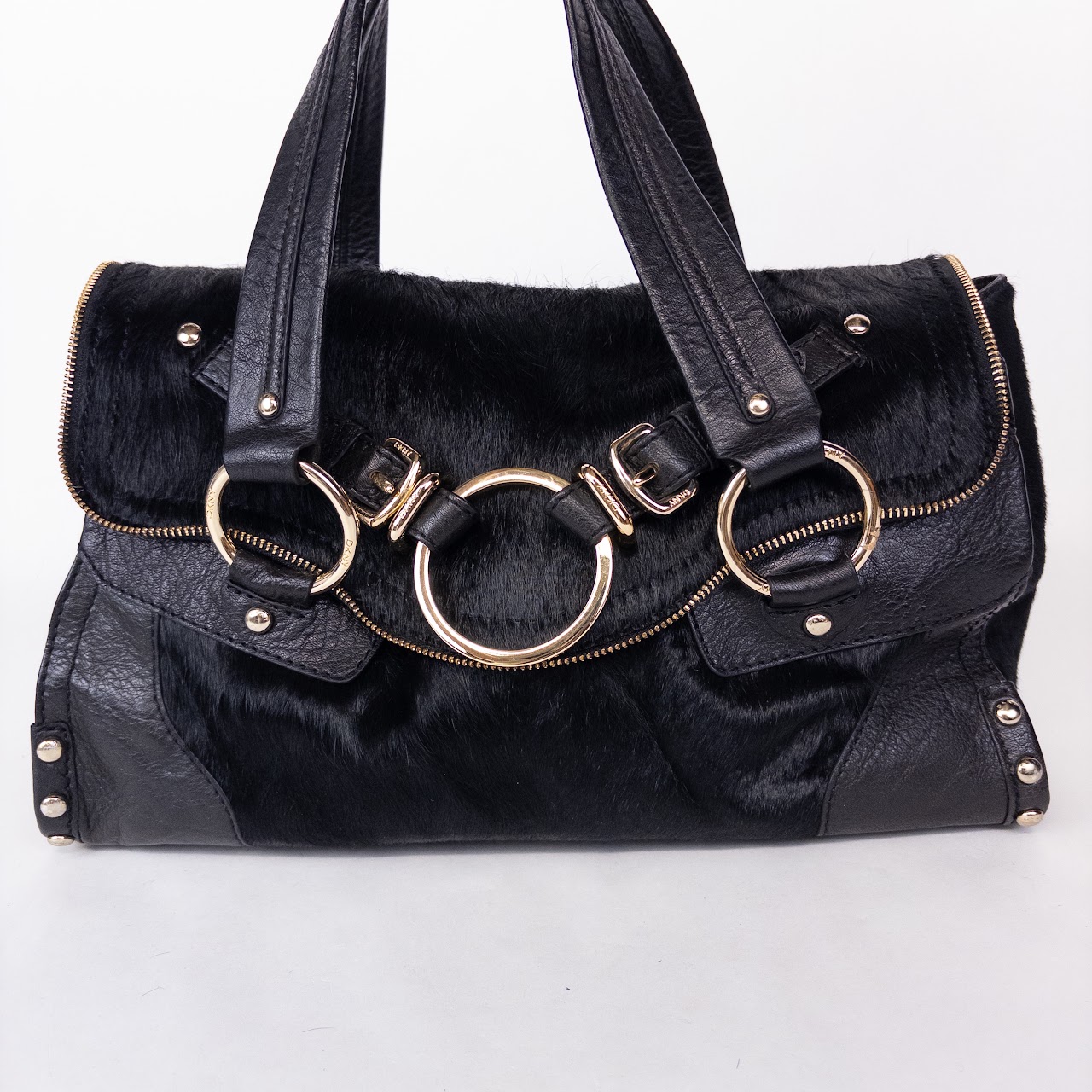 DKNY Black Pony Hair and Leather Shoulder Bag