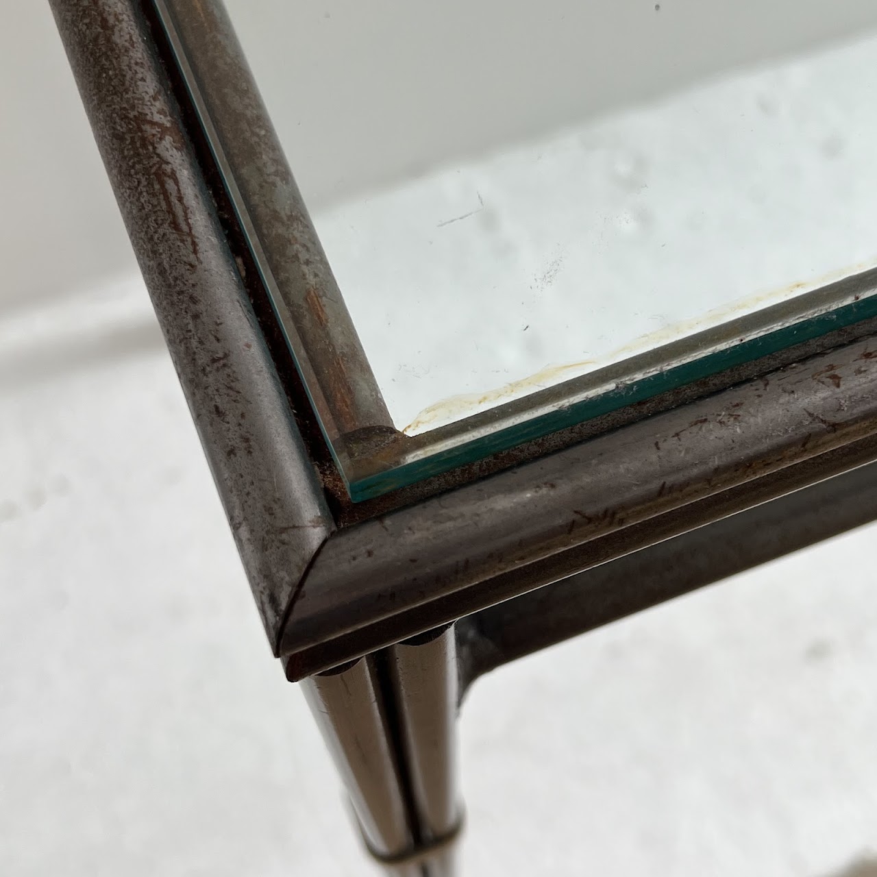 Brass Bound Steel and Plate Glass Console Table