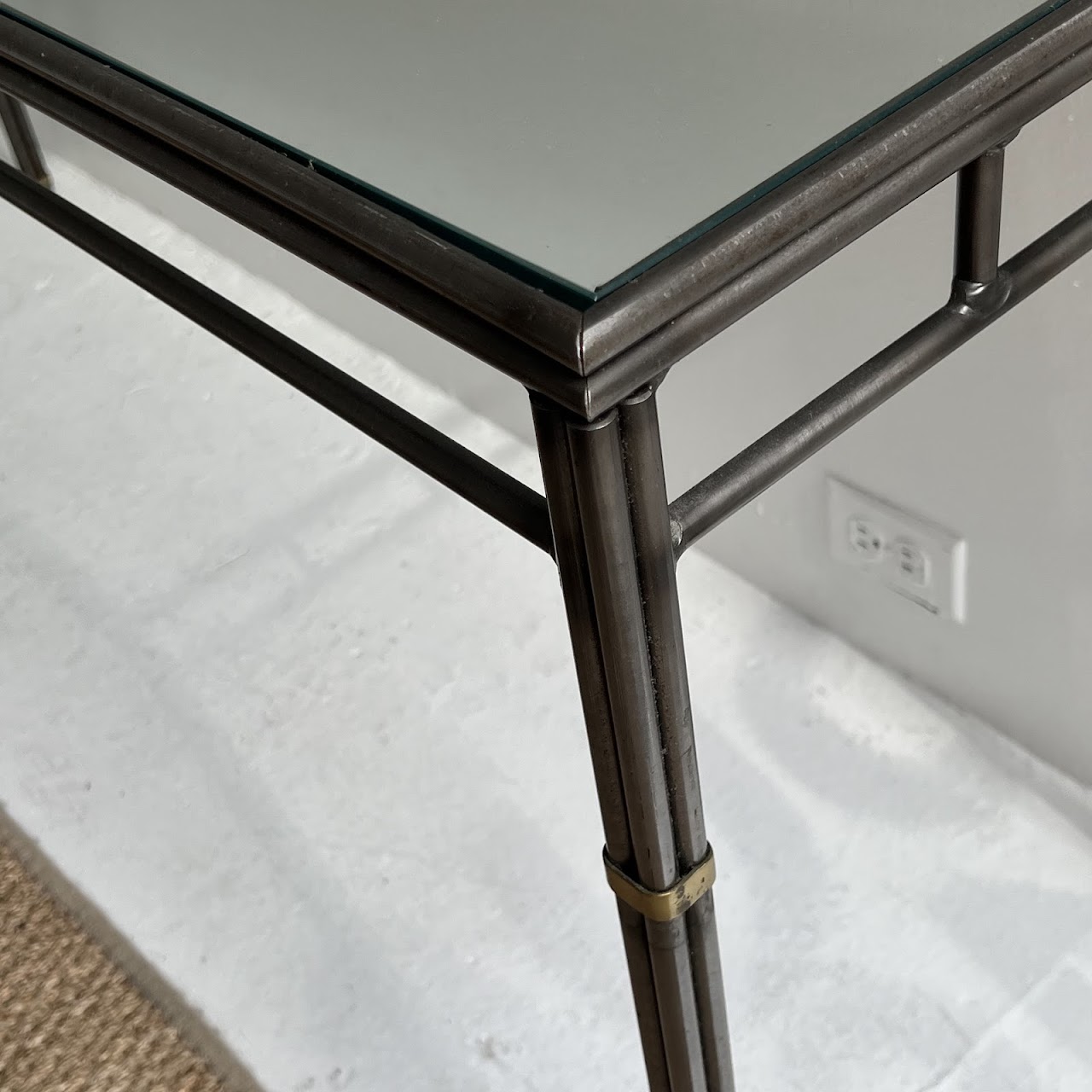 Brass Bound Steel and Plate Glass Console Table